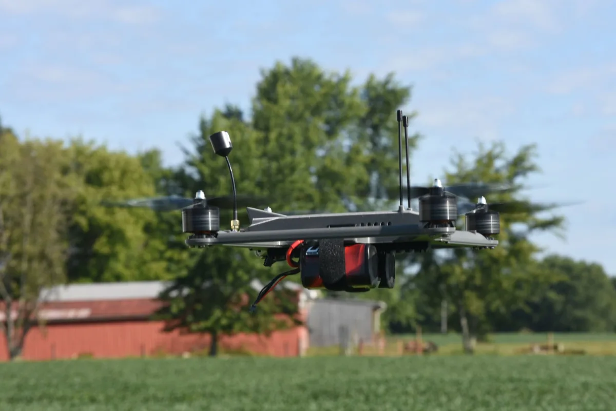 Remora flying near trees over an American field